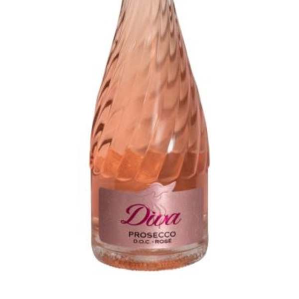 Bottle of Diva pink rosé prosecco with textured glass and metallic pink foil