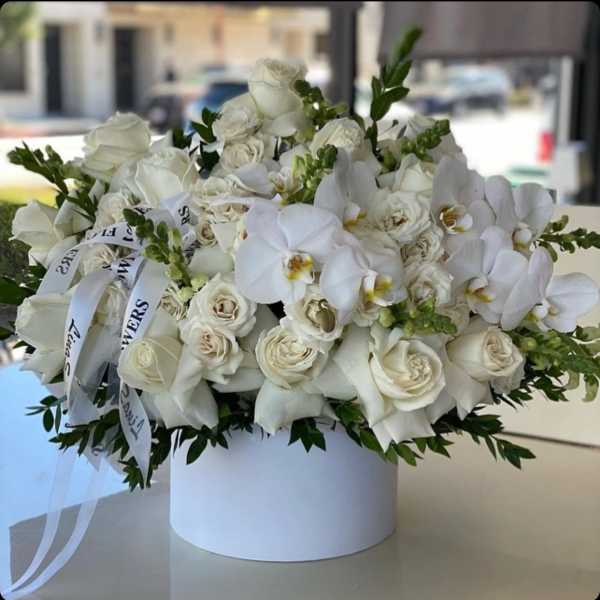 White roses and orchids arranged in a round white box