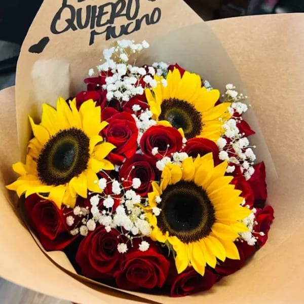Red Rose and sunflower bouquet