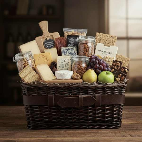 Wicker gift basket with cheese, crackers, fruit, and nuts