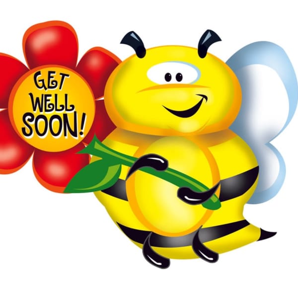 Cartoon bee holding a flower-shaped get well soon sign