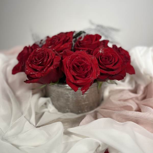 Red roses arranged in a small silver vase
