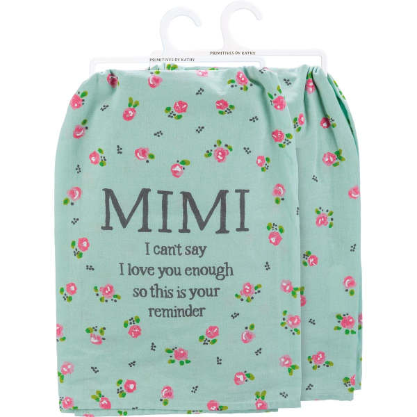 Mint green floral-print blanket with the word MIMI and a message
