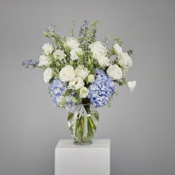 White roses and blue hydrangeas in a glass vase with a ribbon