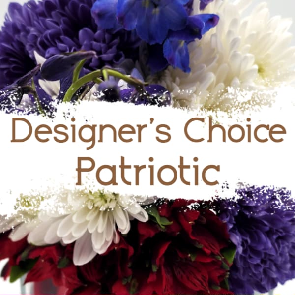 Purple, white, and red flowers with the text "Designer’s Choice Patriotic"