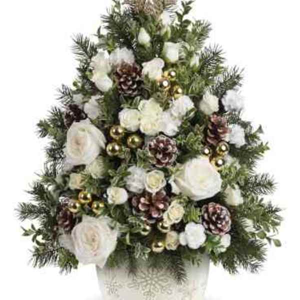 Christmas tree-shaped floral arrangement in a decorative pot