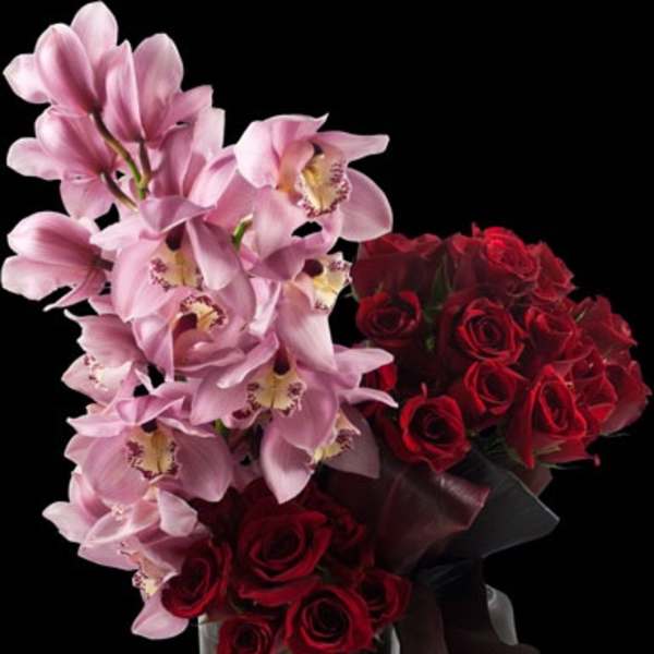 Pink orchids and red roses in a clear vase with a dark ribbon