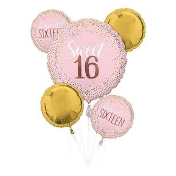 Pink and gold Sweet 16 balloons with two round gold balloons