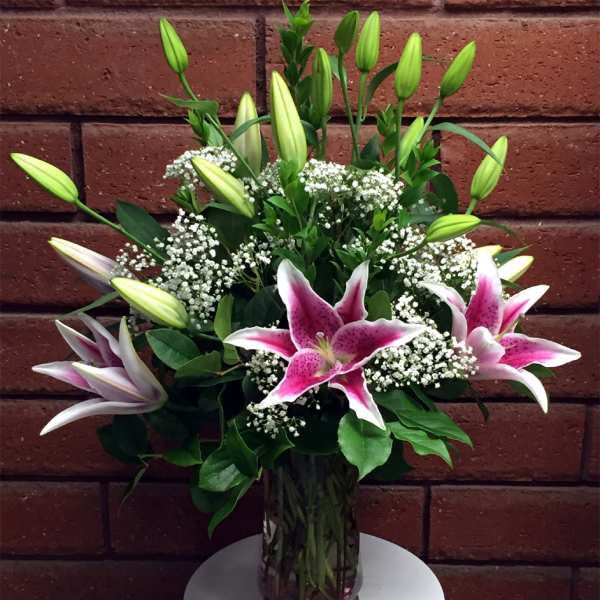 Tall glass vase of pink stargazer lilies with white baby's breath