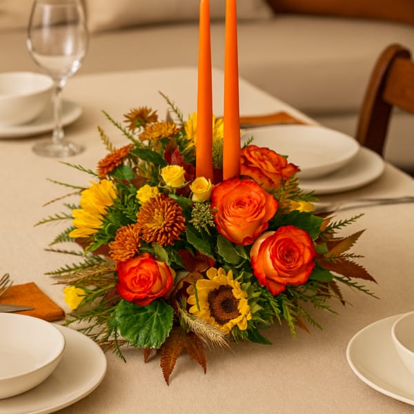Table centerpiece with orange candles and mixed flowers on a dining table