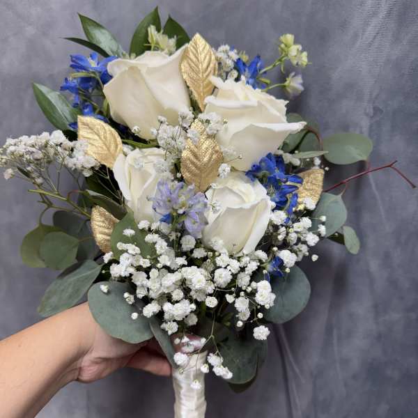White gold blue prom bouquet