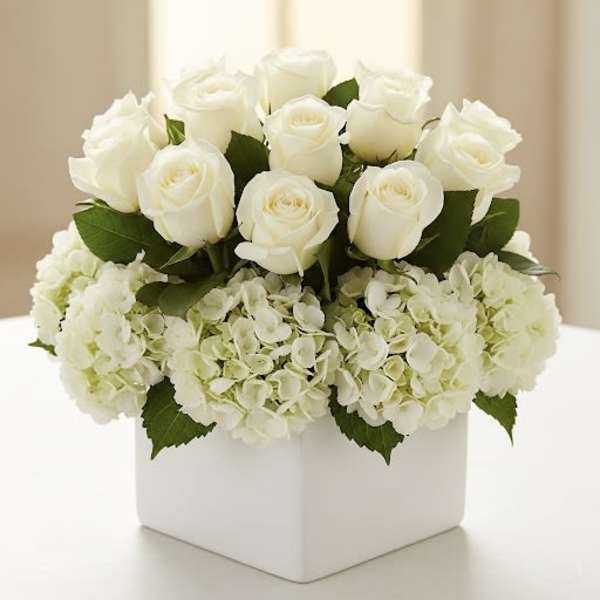 White roses and hydrangeas arranged in a white square vase