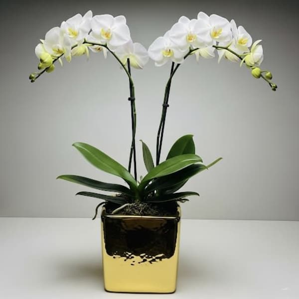 White orchid plant in a gold square pot
