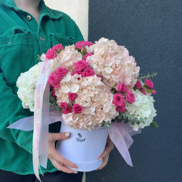Pink roses and pale hydrangeas arranged in a white hat box