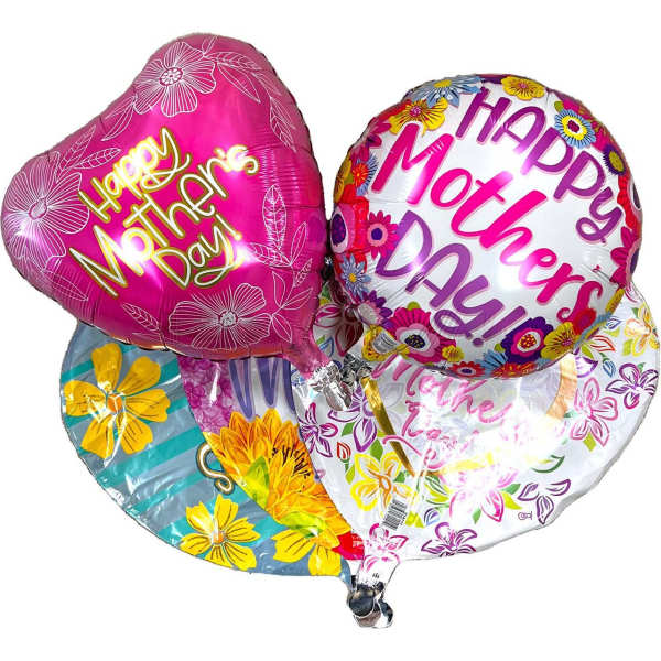 Cluster of Mother's Day balloons with floral prints and messages