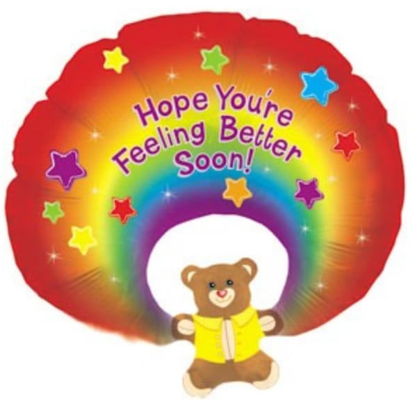 Rainbow balloon with a teddy bear and "Hope You're Feeling Better Soon!" text