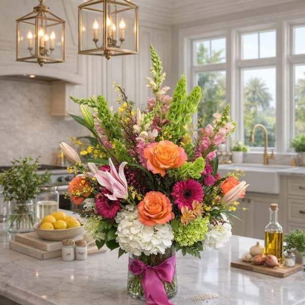 Mixed bouquet of orange roses, pink lilies, and white hydrangeas in a glass vase