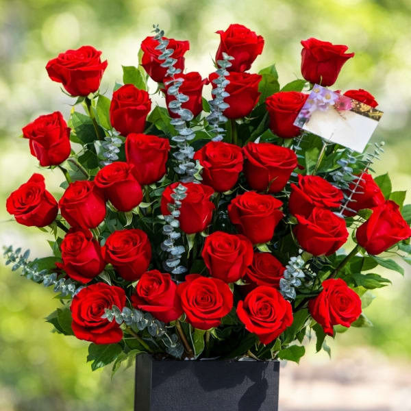 Bouquet of red roses in a black box vase