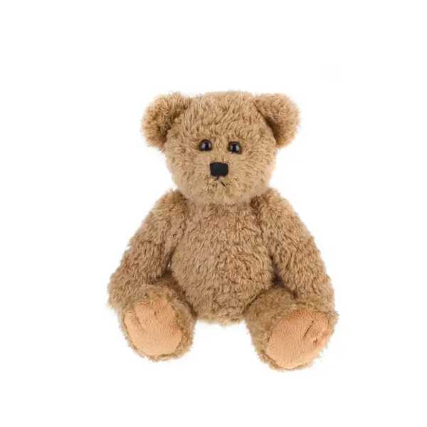Small brown teddy bear sitting on a white background