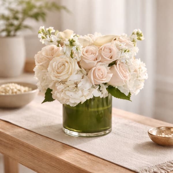 Blush roses and white hydrangeas in a green glass vase