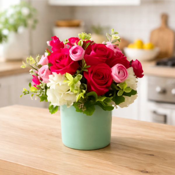 Pink and red roses with white blooms in a mint vase