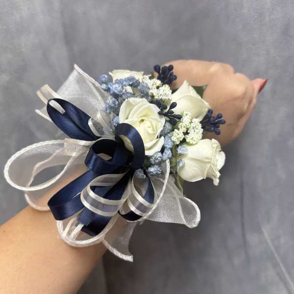 Baby blue Navy White spray roses wrist corsage