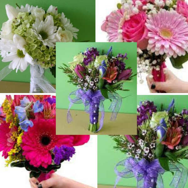 Collage of colorful hand-tied bouquets with ribbons