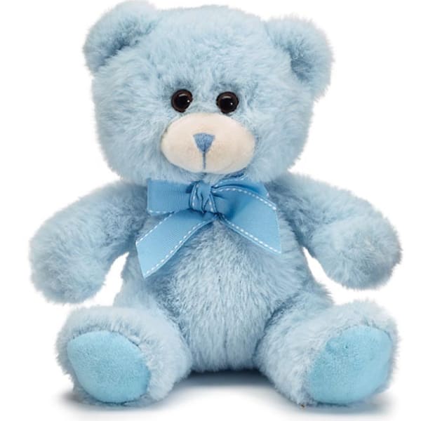 Light blue teddy bear plush with a matching ribbon bow around its neck.