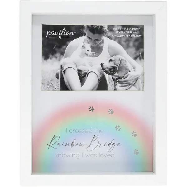 White photo frame with a rainbow memorial message and paw prints