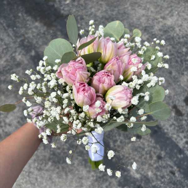 Handheld bouquet of pink tulips with white baby's breath