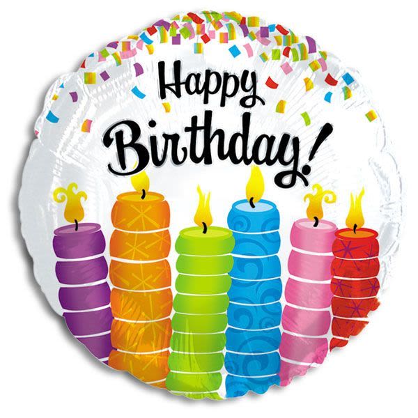 Round birthday balloon with colorful candles and confetti