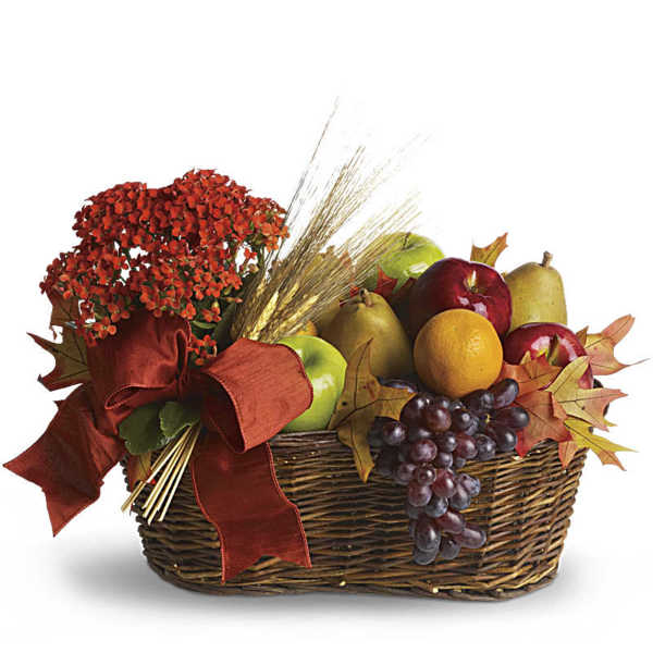 Fruit basket with red flowers and a large ribbon
