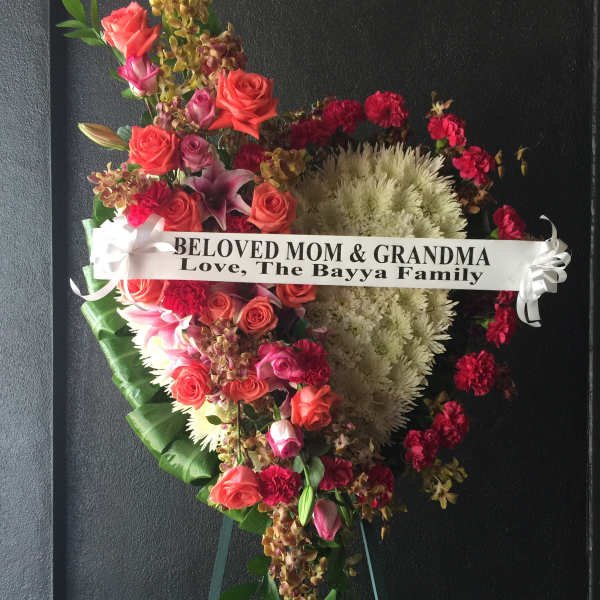 Heart shape easel with Roses, Orchid & Mums - F35010