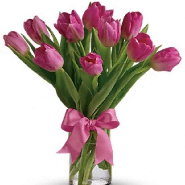 10 Pink Tulips arranged in a vase with a bow.