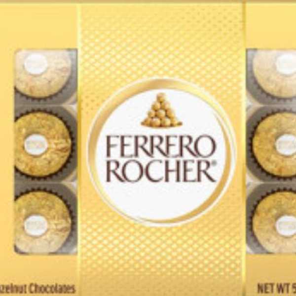 Box of Ferrero Rocher gold-wrapped chocolates in yellow packaging