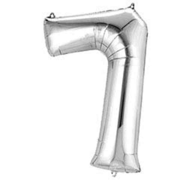 Silver foil balloon shaped like the number 7