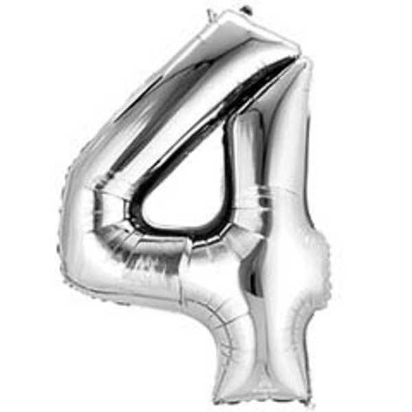 Silver foil balloon shaped like the number 4