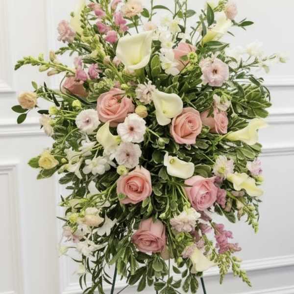Pastel floral standing spray with pink roses and white calla lilies