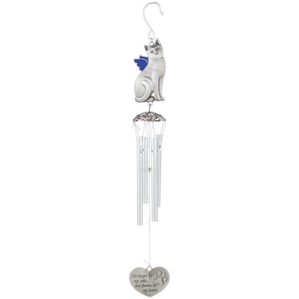 Cat memorial wind chime with a heart-shaped tag