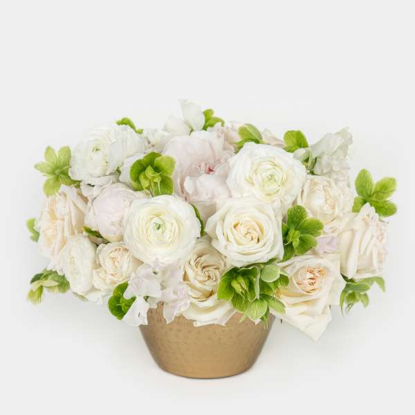 White roses and ranunculus in a gold vase with green accents