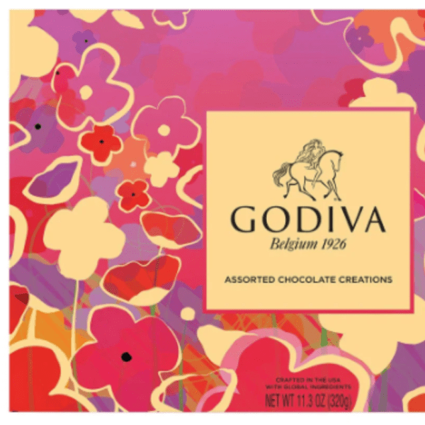 Rectangular Godiva chocolate box with colorful abstract flowers in pink, red, and yellow