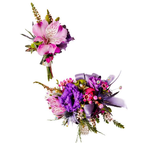 Two purple and pink floral bouquets with ribbon accents