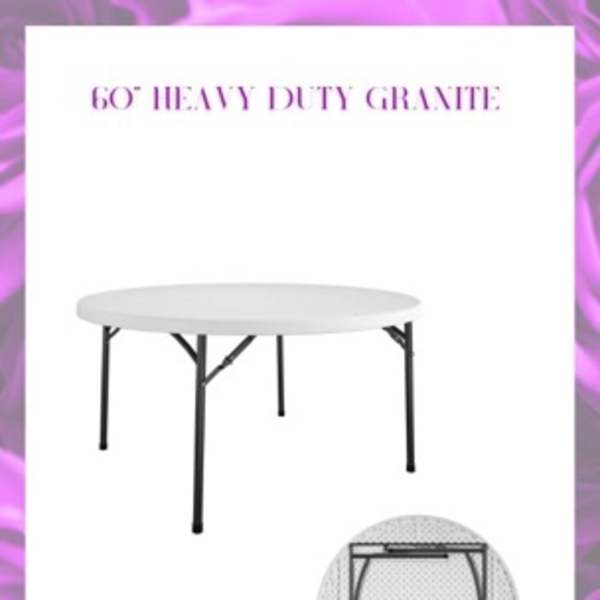 Promotional graphic for a 60-inch heavy duty granite folding table.