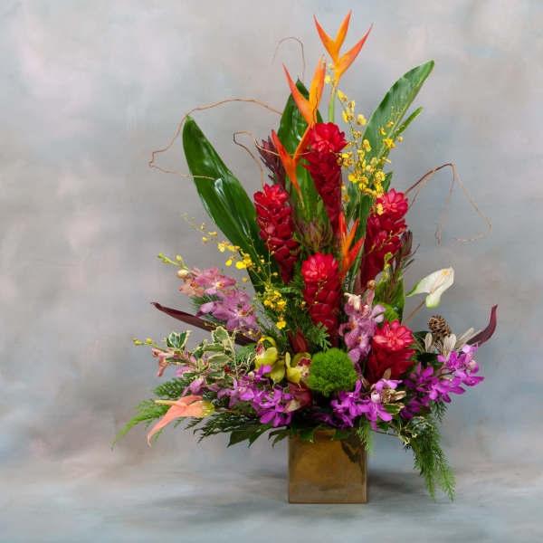 Tropical flower arrangement in a square vase with red, orange, and purple blooms