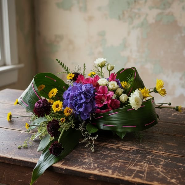 Low modern arrangement of purple, pink, yellow, and white flowers framed by looped broad green leaves.