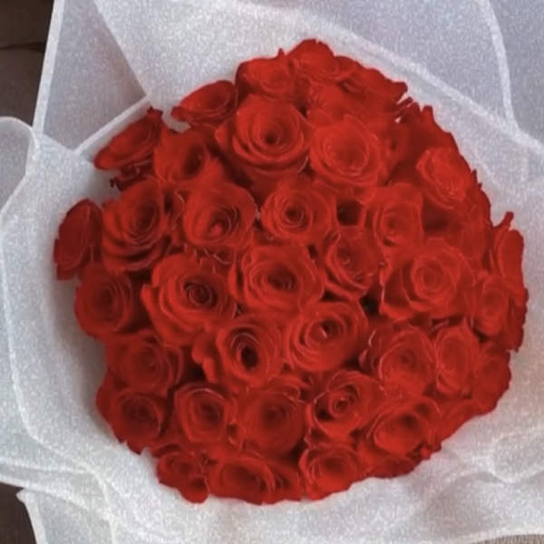 Bouquet of red roses wrapped in white paper