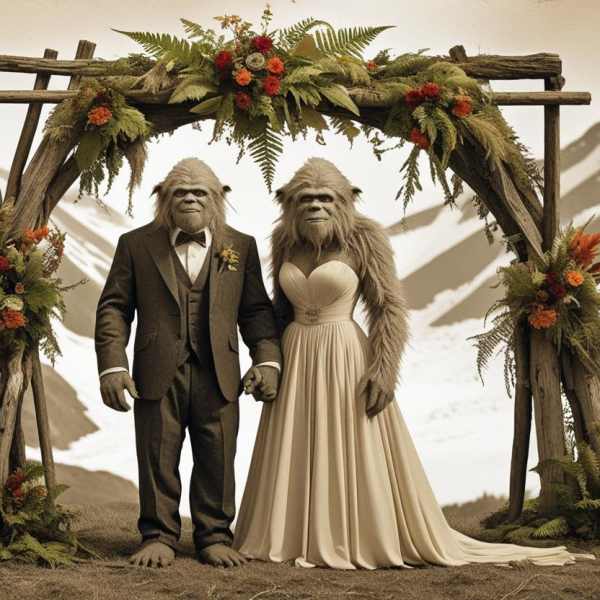 Two ape-like figures in formal attire stand under a floral arch in a snowy mountain scene.