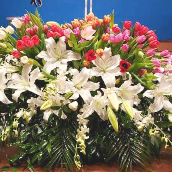 Low spray of white lilies with pink and red tulips arranged in a wide display on a stage.