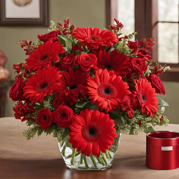 Red gerbera daisies and roses in a clear glass vase beside a red candle.