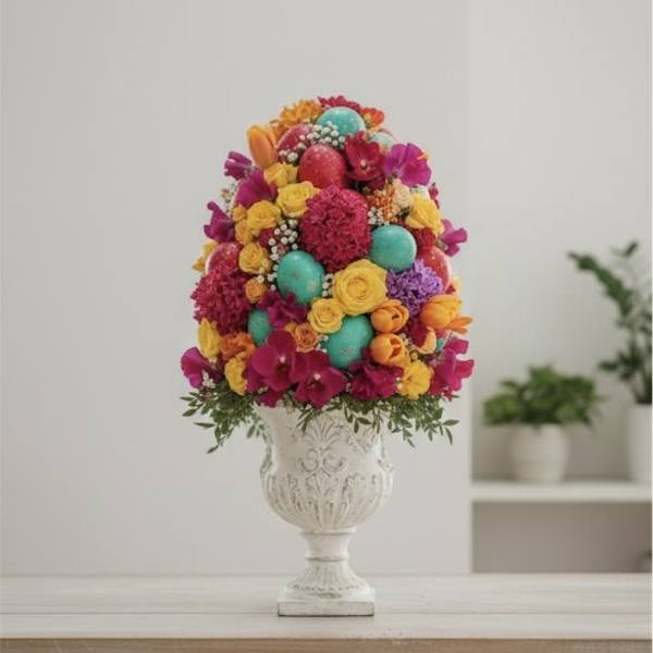 Colorful floral arrangement in a white urn vase with decorative eggs